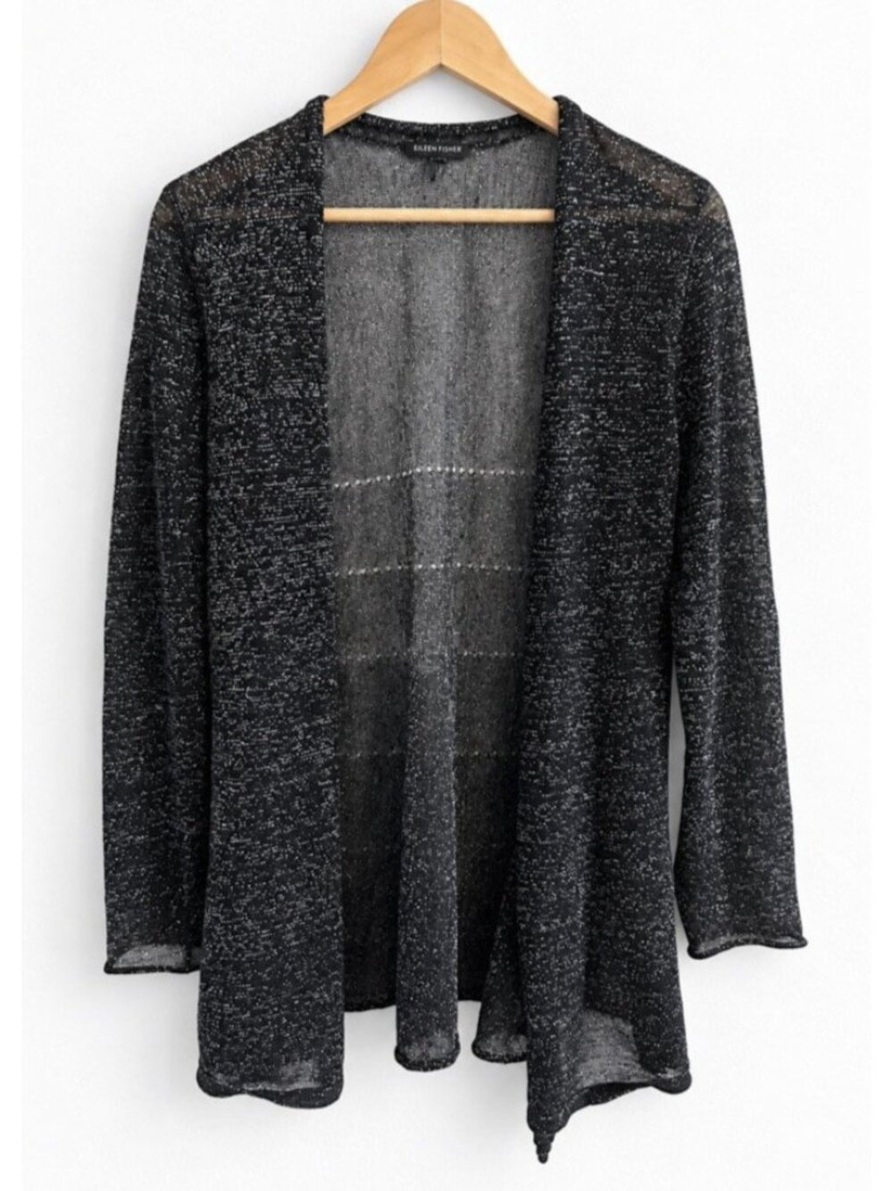 Eileen Fisher Metallic Linen Blend Lagenlook Cardigan Black Silver Women’s M